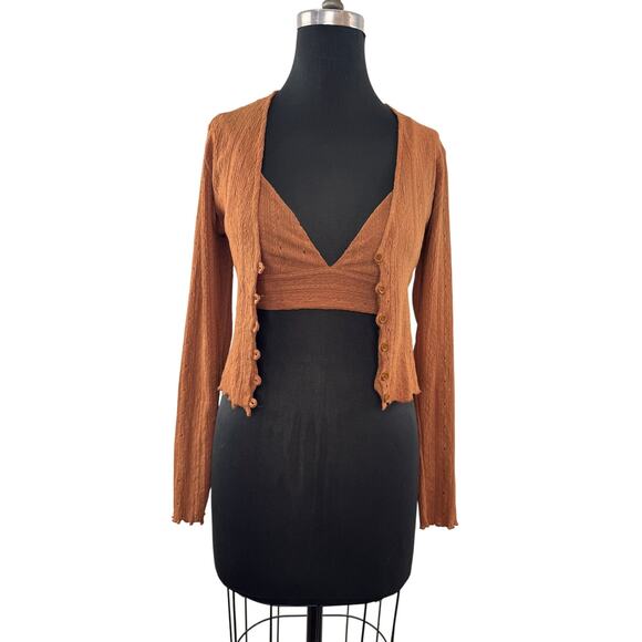 ZARA Set Brown Crop Cardigan & Top Set Eyelet V-Neck Front Button Size Small S - Picture 1 of 7